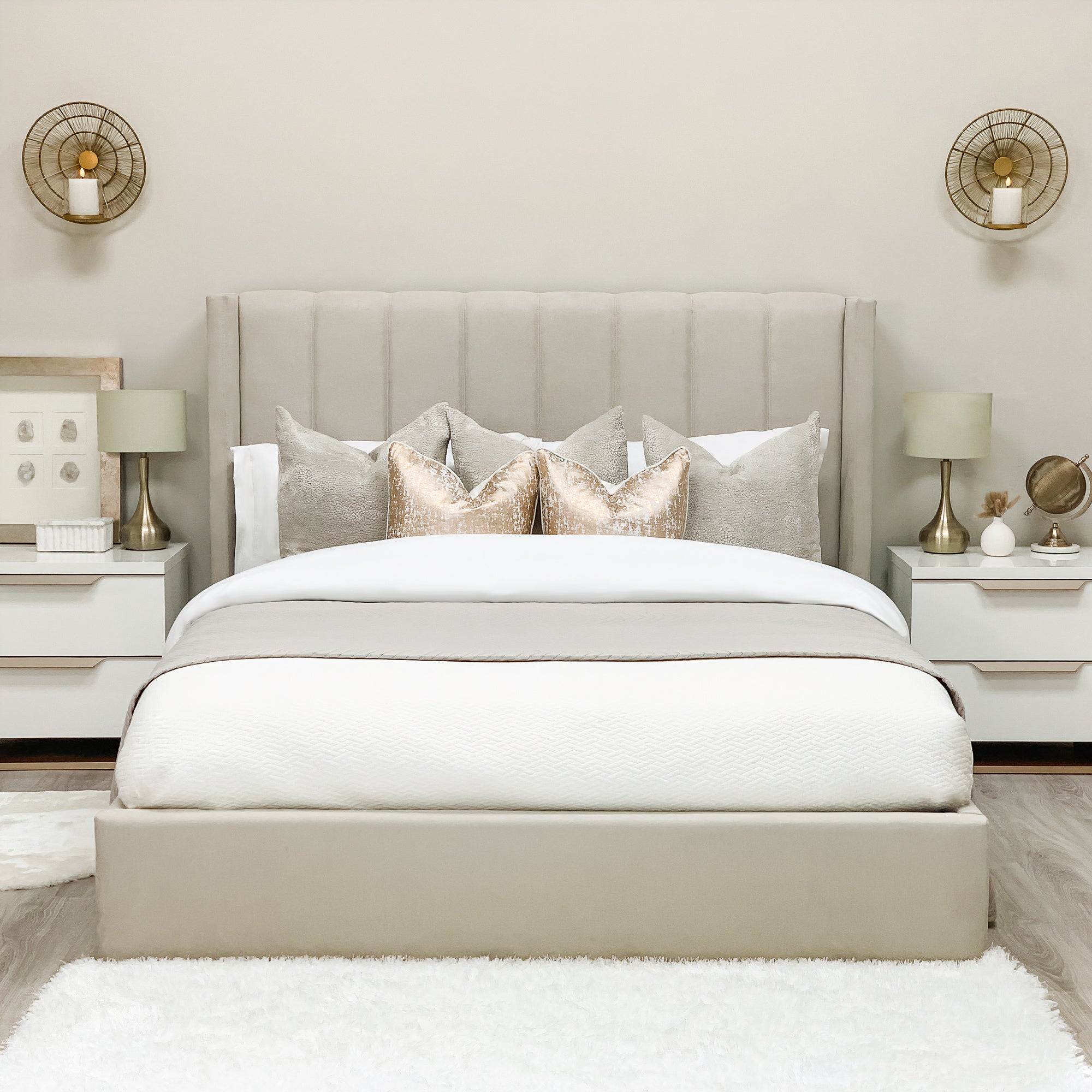 Mika Beige Wingback Bed with Ottoman Storage