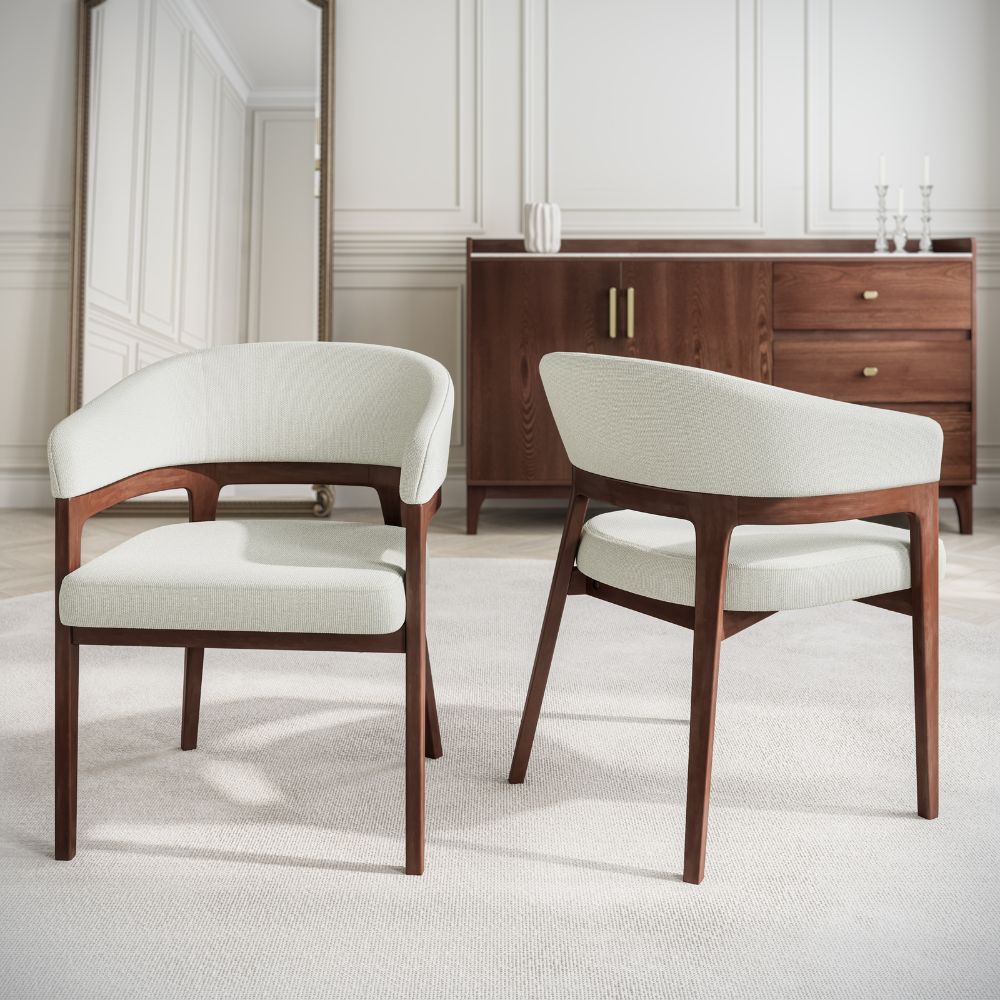 Kenso Walnut Wood Ivory Linen Dining Chair