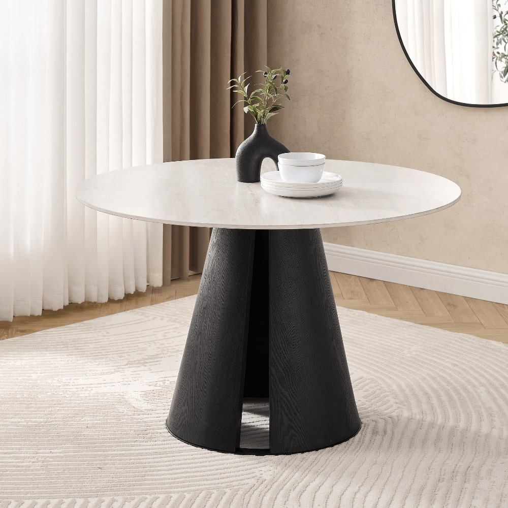 Maya Round Light Cream Ceramic Dining Set With 4 Mia Cream Chairs