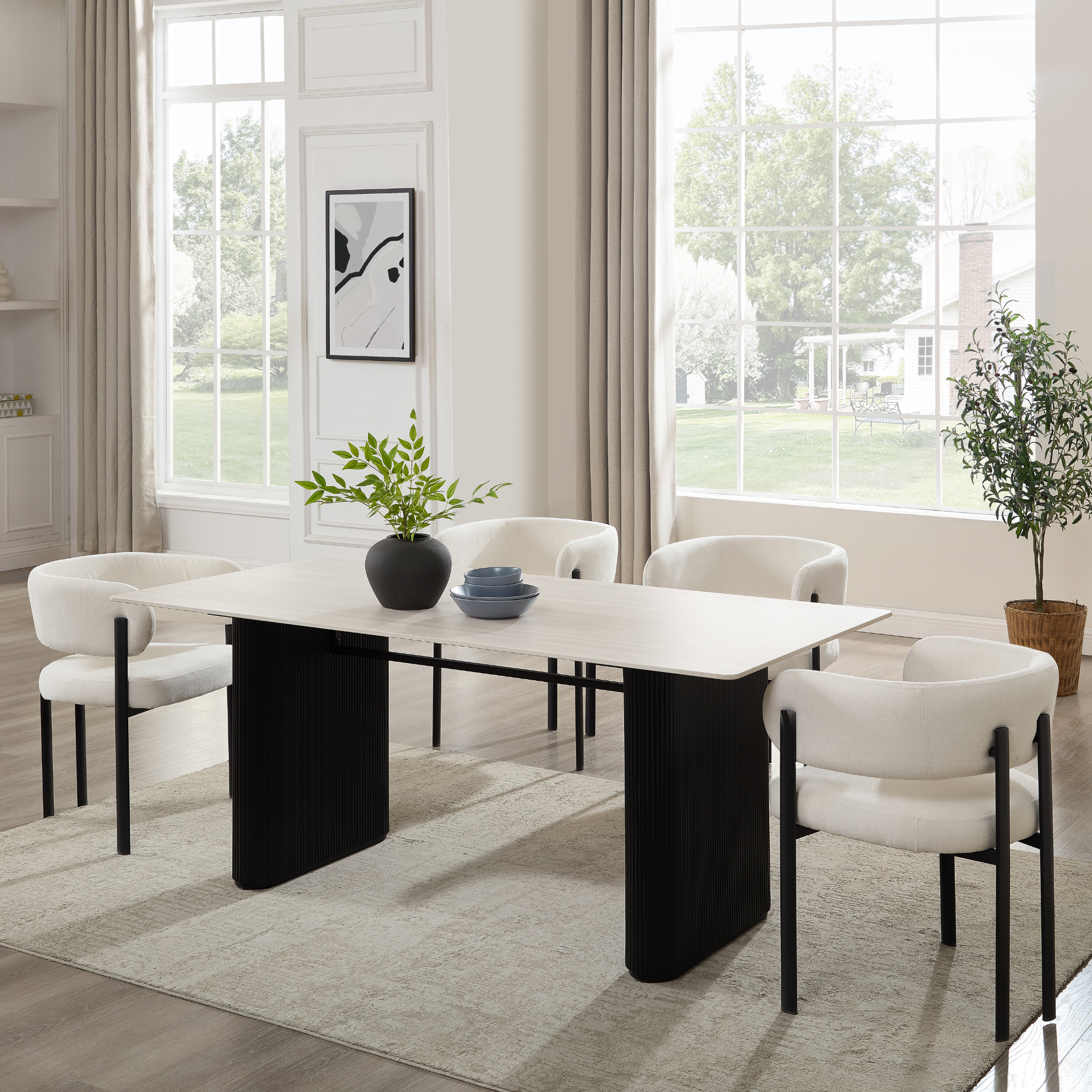 Siena White Ceramic Dining Table with Black Ribbed Base
