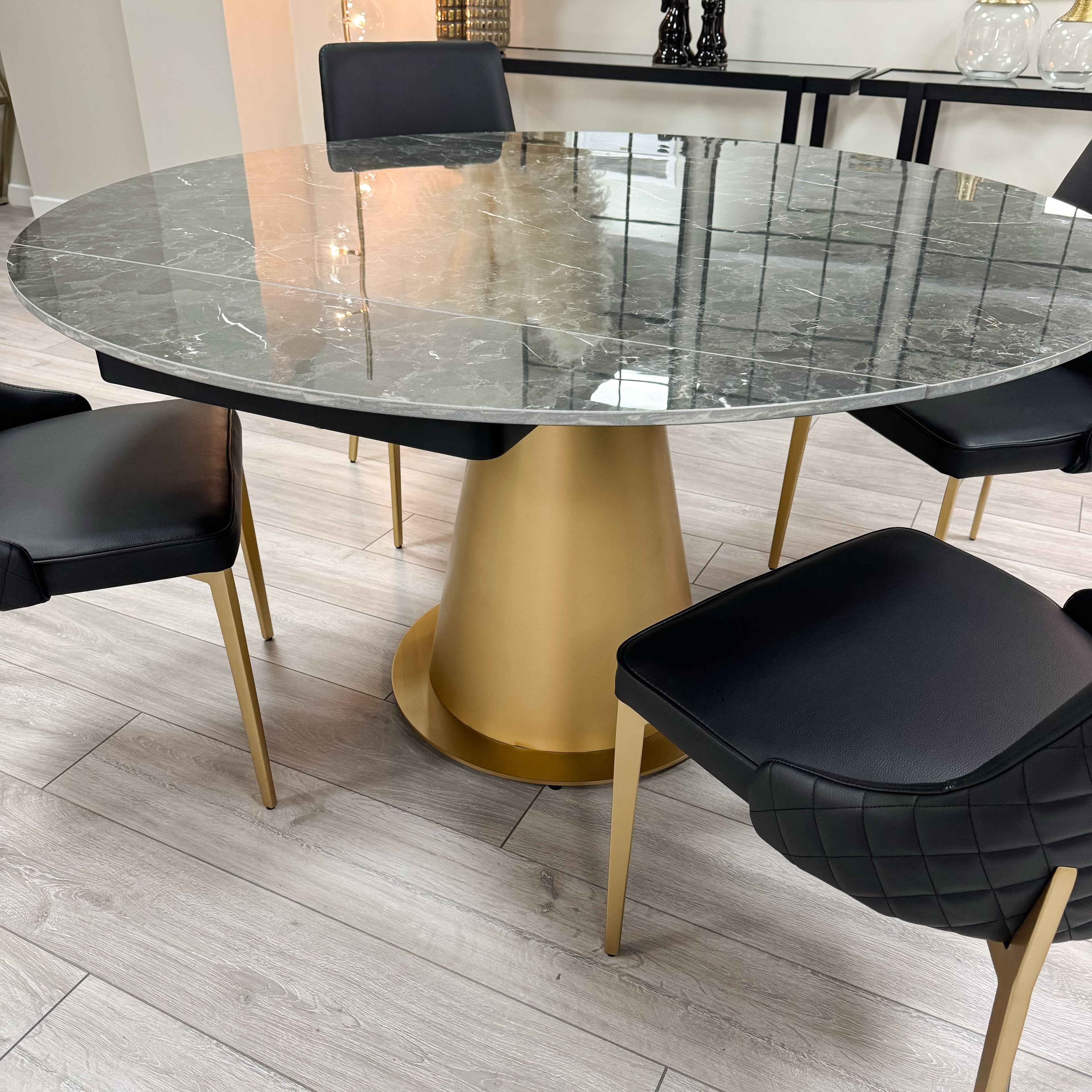 Black Ceramic Marble Effect Round Extending Dining Table With Gold Base