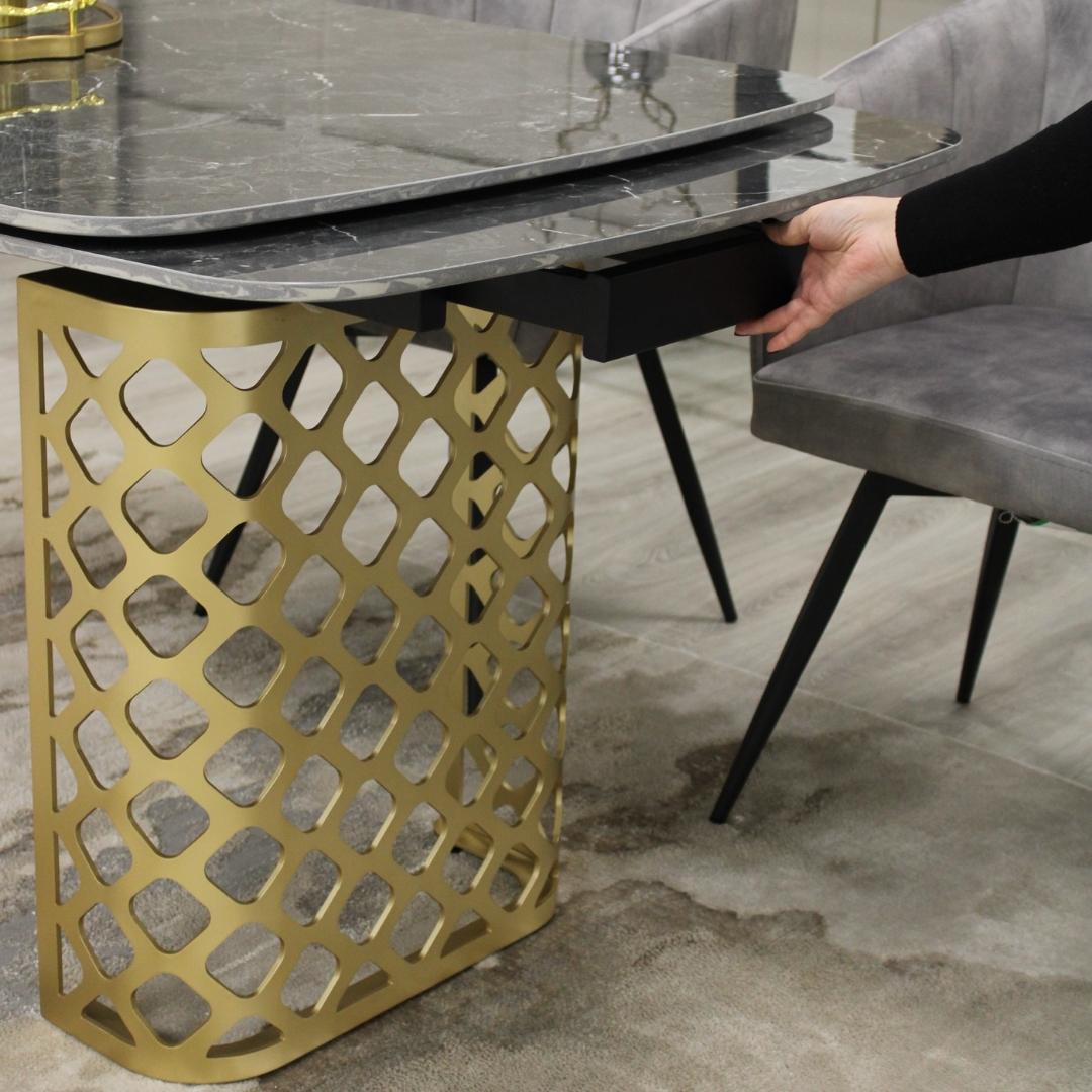 Black Ceramic Extending Dining Table Marble Effect Gold Base