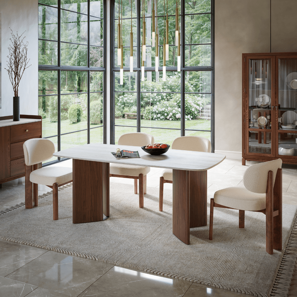 Viera Walnut Wood and Cream Travertine Ceramic Dining Table