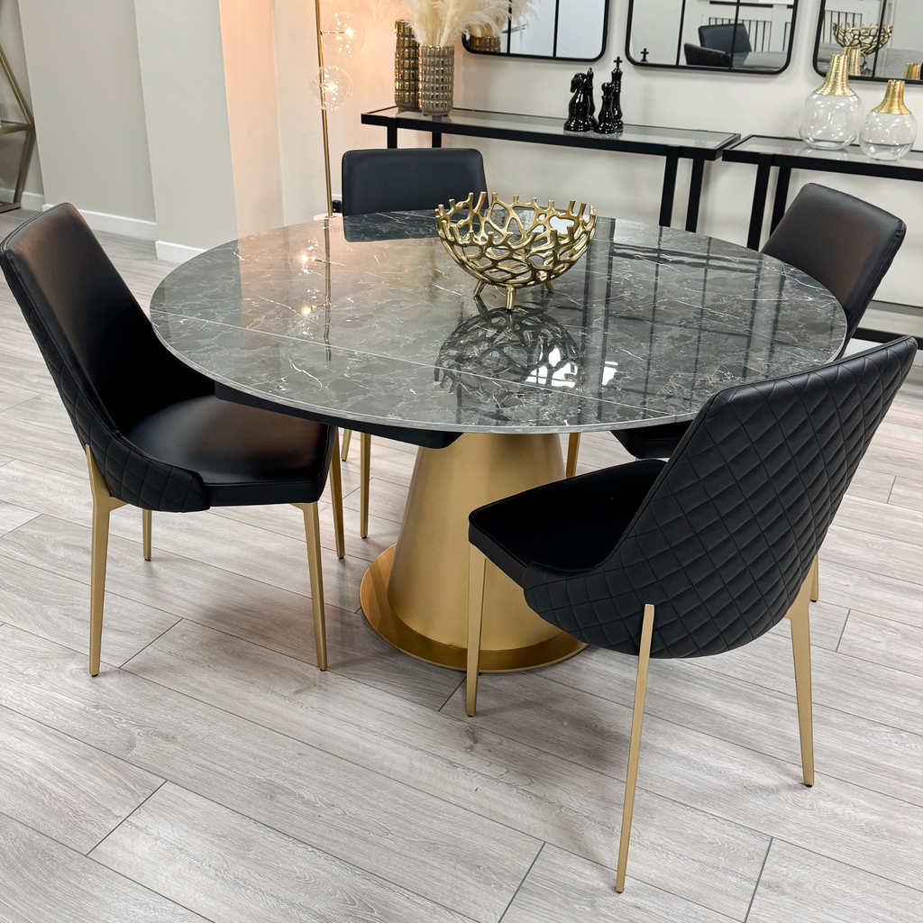 Black Ceramic Marble Effect Round Extending Dining Table With Gold Base