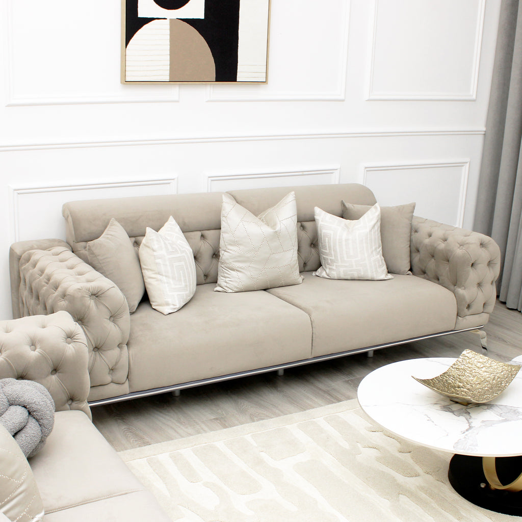 Yasmin Light Grey Velvet 3 Seater Sofa With Silver Legs