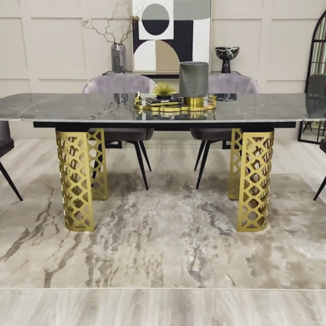 Black Ceramic Extending Dining Table Marble Effect Gold Base