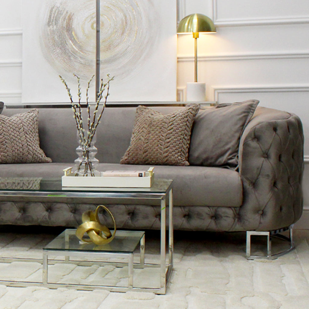 Louise Mink Truffle Velvet Curved Sofa with Silver Legs 3 seater