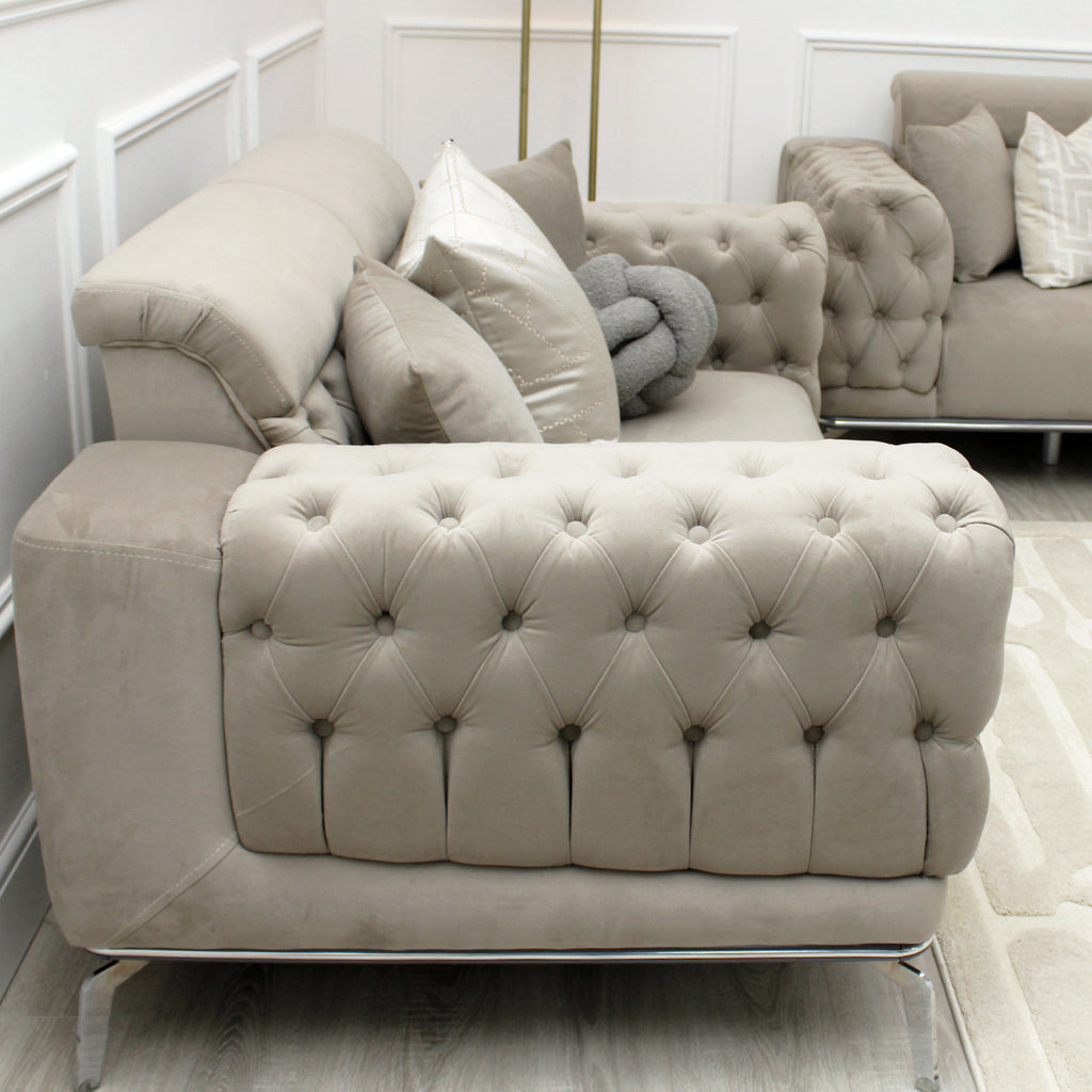 Yasmin Buttoned Light Grey Velvet 2 Seater Sofa With Silver Legs