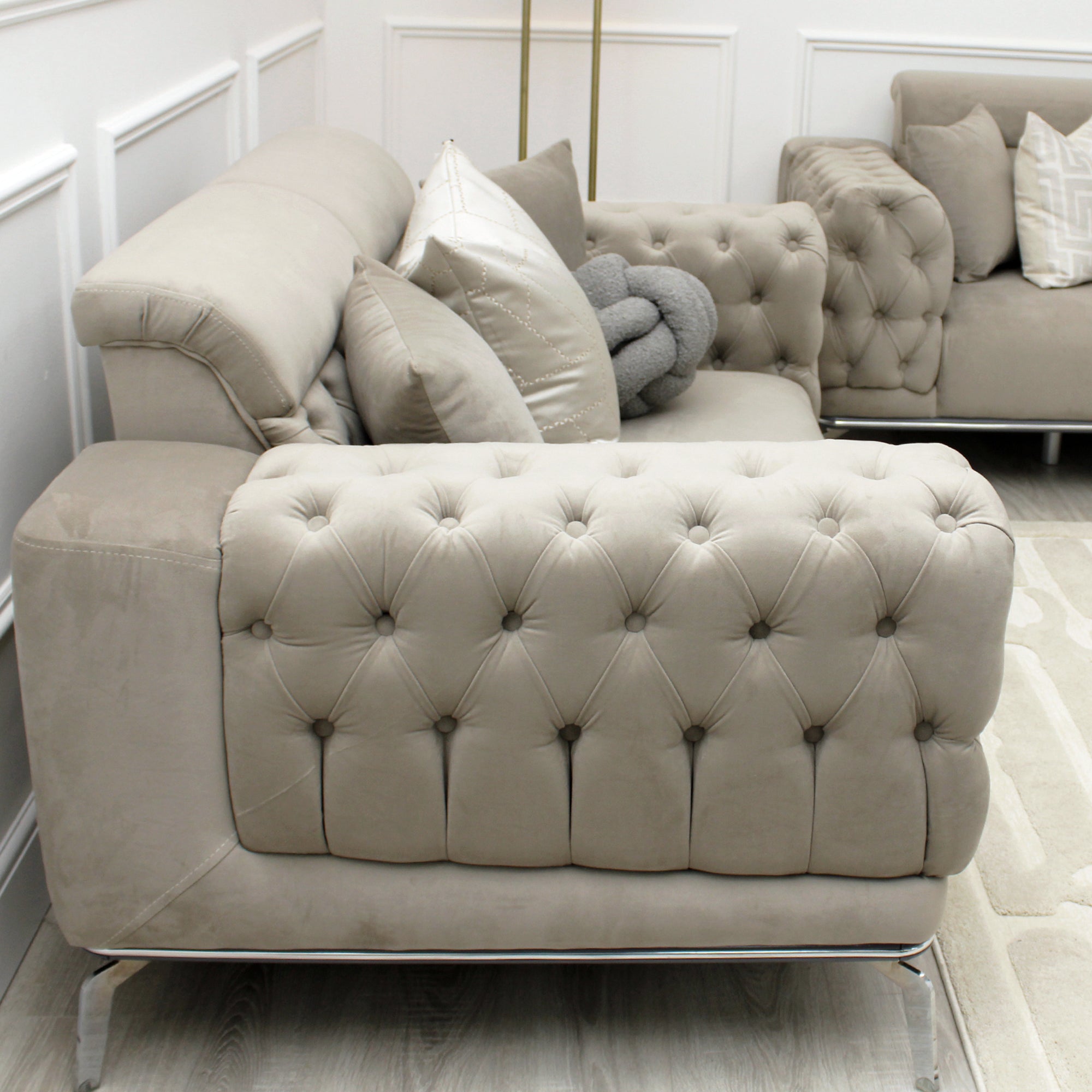 Yasmin Buttoned Light Grey Velvet 2 Seater Sofa With Silver Legs